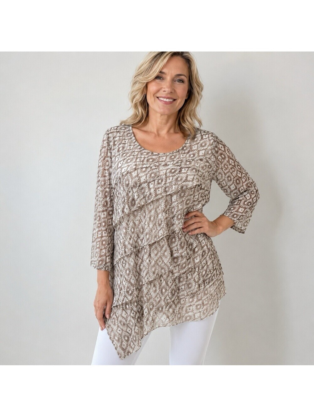 Chico’s Mesh Layered Tunic Blouse Women’s Size 0  Taupe Floral  Lagenlook Boho